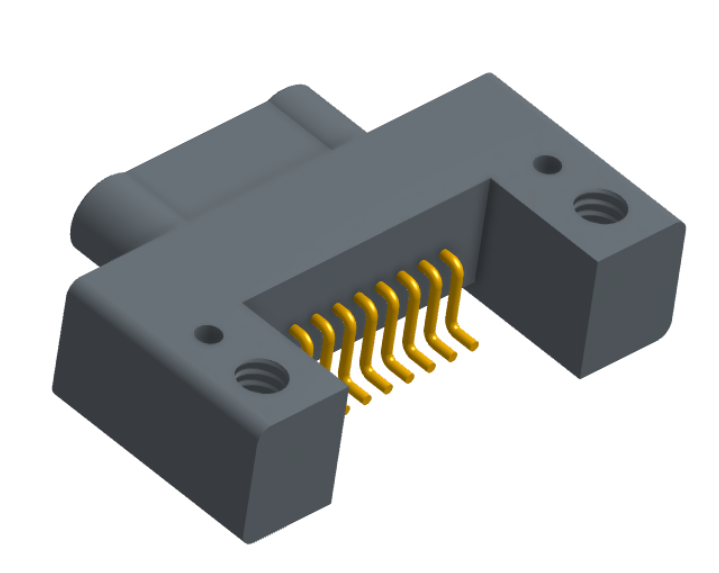 NK-1C2-009-125-TH00 - Nano-miniature D-shaped horizontal surface board mount (SMT) connector with mounting holes, 9 contacts, and threaded holes for attachment hardware.