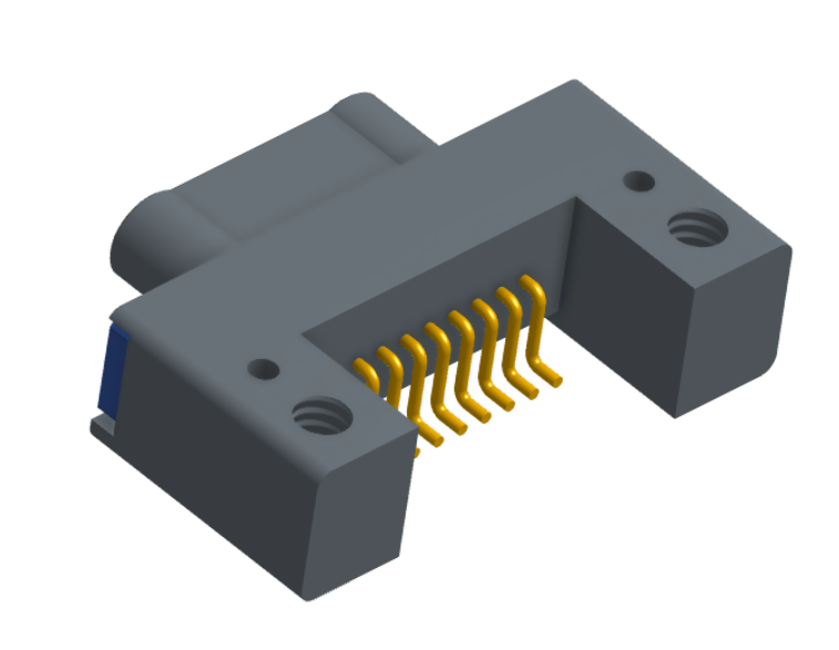 NK-1C2-009-128-TH00 - Nano-miniature D-shaped horizontal surface board mount (SMT) connector with mounting holes, 9 contacts, and threaded holes for attachment hardware.