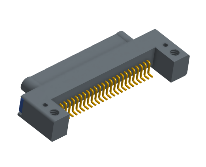 NK-1C2-025-125-TH00 - Nano-miniature D-shaped horizontal surface board mount (SMT) connector with mounting holes, 25 contacts, and threaded holes for attachment hardware.