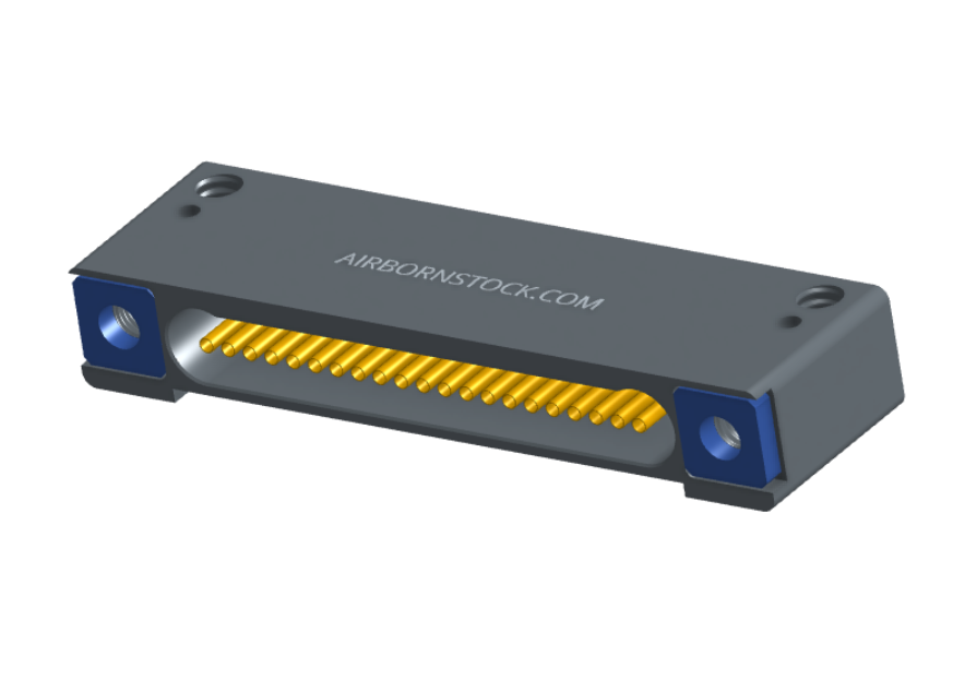 NK-1D2-021-228-TH00 - Nano-miniature D-shaped horizontal surface board mount (SMT) connector with mounting holes, 21 contacts, and threaded holes for attachment hardware.