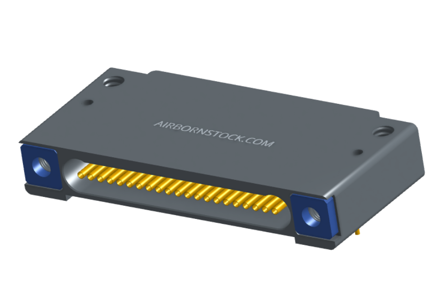 NK-1F2-021-438-TH00 - Nano-miniature D-shaped right angle plated through hole (PTH) board mount connector with mounting holes, 1 row of 21 contacts, and threaded holes for attachment hardware. (Receptacle)