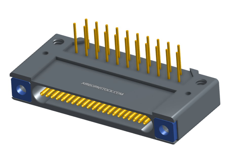 NK-1F2-021-438-TH00 - Nano-miniature D-shaped right angle plated through hole (PTH) board mount connector with mounting holes, 1 row of 21 contacts, and threaded holes for attachment hardware. (Receptacle)