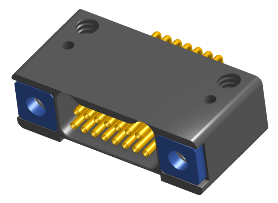 NK-2D4-015-228-TH00 - Nano-miniature D-shaped horizontal surface board mount (SMT) connector with mounting holes, 2 rows with 15 contacts, and threaded holes for attachment hardware. (Receptacle)