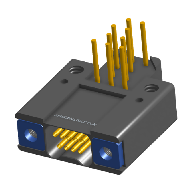 NK-2F2-009-435-TH00 - Nano-miniature D-shaped right angle plated through hole (PTH) board mount connector with mounting holes, 2 rows with 9 contacts, and threaded holes for attachment hardware. (Receptacle)