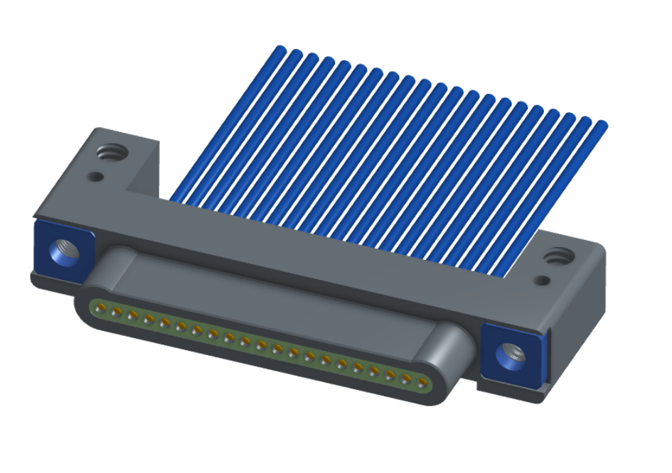 NM-132-021-161-THAA - Nano-miniature D-shaped I/O connector with mounting holes, 21 contacts, and threaded holes for attachment hardware.