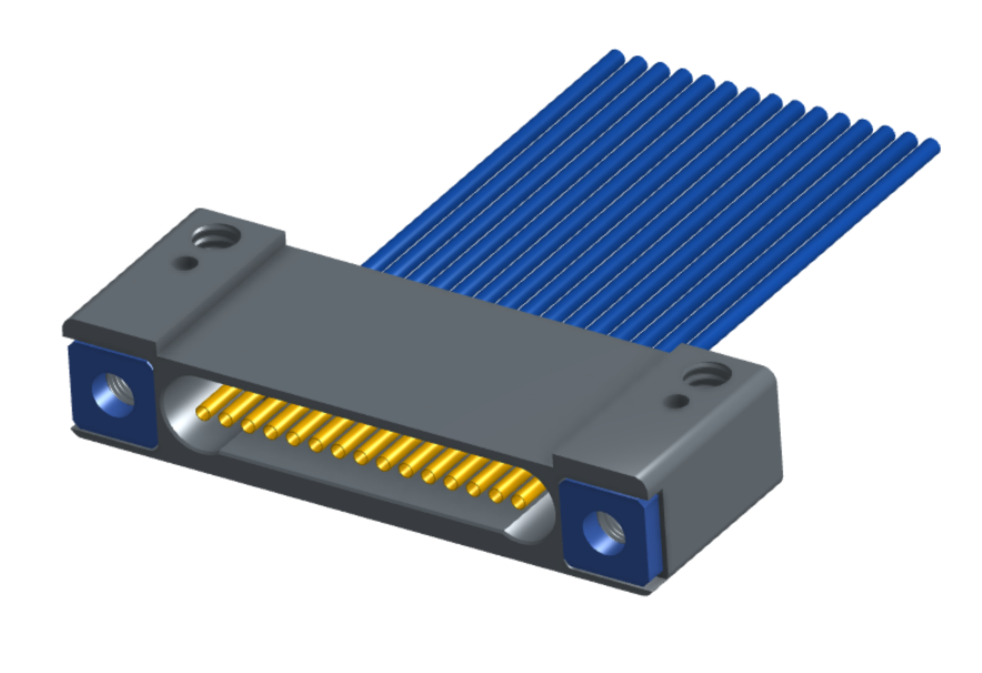 NM-142-015-261-THAA - Nano-miniature D-shaped I/O connector with mounting holes, 15 contacts, and threaded holes for attachment hardware.