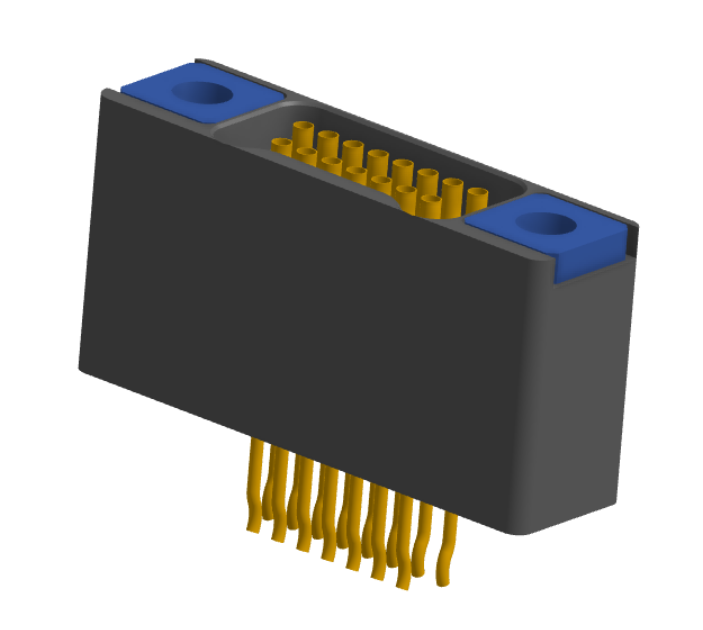 NM-225-015-225-TH00 - Nano-miniature D-shaped straddle mount flex circuit board mount connector with mounting holes, 2 rows with 15 contacts, and threaded holes for attachment hardware. (Receptacle)