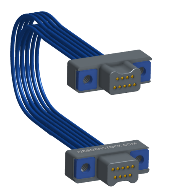 NM-2J3-009-PP1-TTAA - Nano-miniature D-shaped I/O jumper cable with 2 rows and 9 contacts and four threaded holes (2 per connector).