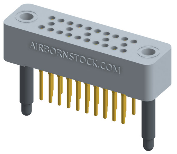 RC324-025-211-4000 - Stackable vertical press-fit board mount connector, 4 rows and 6.25 columns (25 total contacts), and guide hardware.