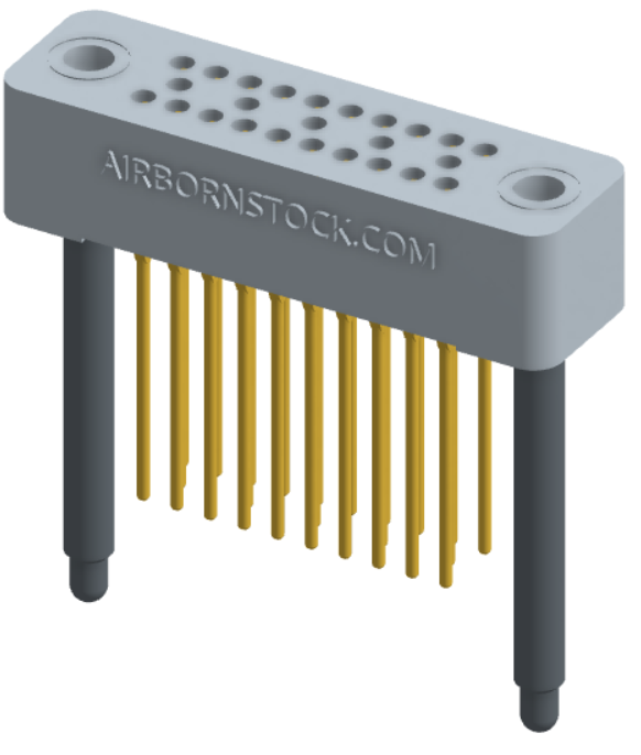 RC324-025-241-4300 - Stackable vertical press-fit board mount connector, 4 rows and 6.25 columns (25 total contacts), and guide hardware.