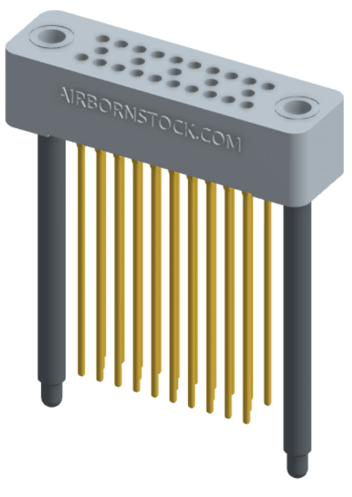 RC324-025-281-4700 - Stackable vertical press-fit board mount connector, 4 rows and 6.25 columns (25 total contacts), and guide hardware.
