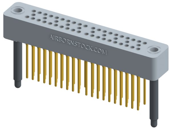 RC324-050-231-4200 - Stackable vertical press-fit board mount connector, 4 rows and 12.5 columns (50 total contacts), and guide hardware.