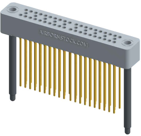 RC324-050-261-4500 - Stackable vertical press-fit board mount connector, 4 rows and 12.5 columns (50 total contacts), and guide hardware.