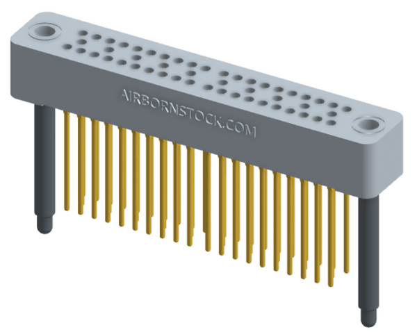 RC324-050-271-4600 - Stackable vertical press-fit board mount connector, 4 rows and 12.5 columns (50 total contacts), and guide hardware.
