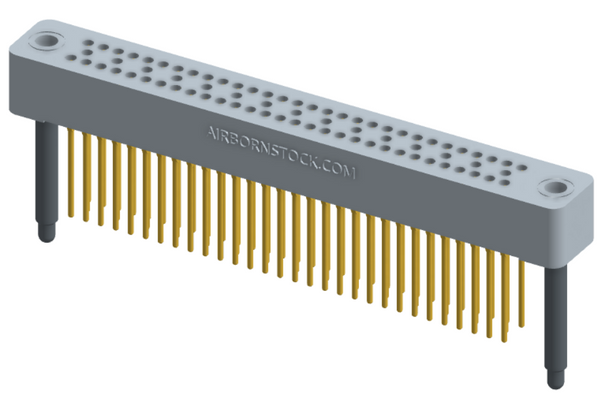 RC324-075-231-4200 - Stackable vertical press-fit board mount connector, 4 rows and 18.75 columns (75 total contacts), and guide hardware.