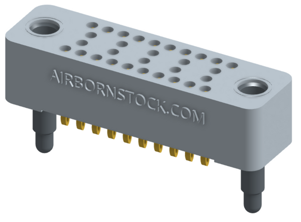 RC424-030-101-3000 - Stackable vertical press-fit board mount connector, 4 rows and 7.5 columns (30 total contacts), and guide hardware.