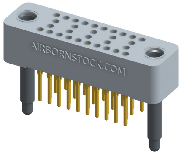 RC424-030-201-3900 - Stackable vertical press-fit board mount connector, 4 rows and 7.5 columns (30 total contacts), and guide hardware.