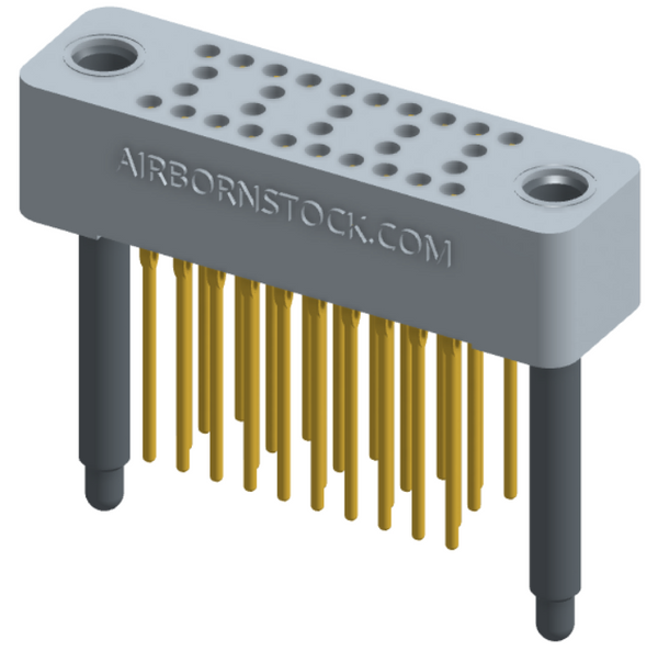 RC424-030-231-4200 - Stackable vertical press-fit board mount connector, 4 rows and 7.5 columns (30 total contacts), and guide hardware.