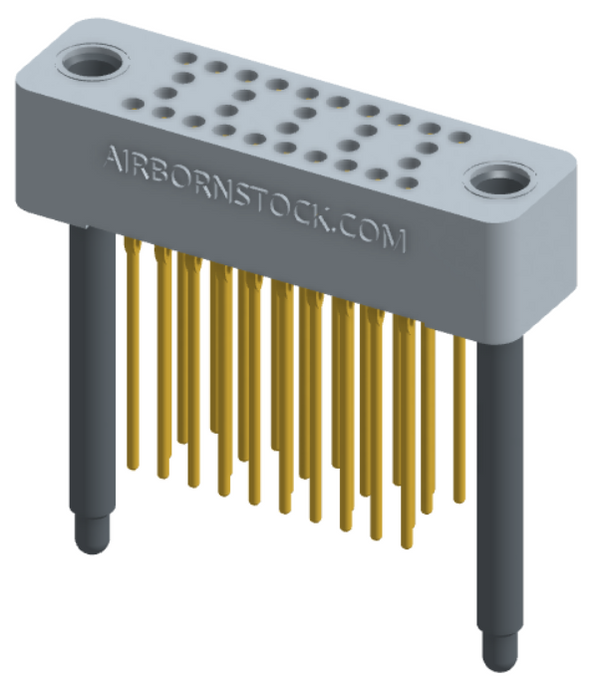 RC424-030-241-4300 - Stackable vertical press-fit board mount connector, 4 rows and 7.5 columns (30 total contacts), and guide hardware.