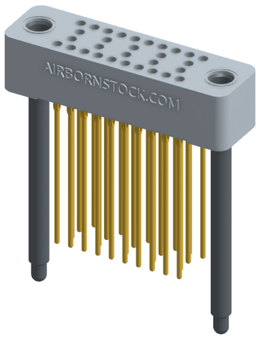 RC424-030-261-4500 - Stackable vertical press-fit board mount connector, 4 rows and 7.5 columns (30 total contacts), and guide hardware.