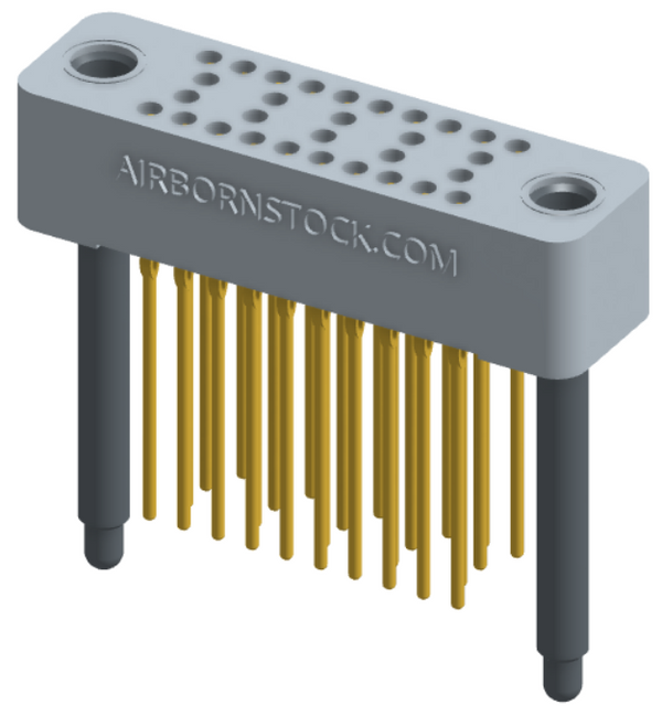 RC424-030-271-4600 - Stackable vertical press-fit board mount connector, 4 rows and 7.5 columns (30 total contacts), and guide hardware.