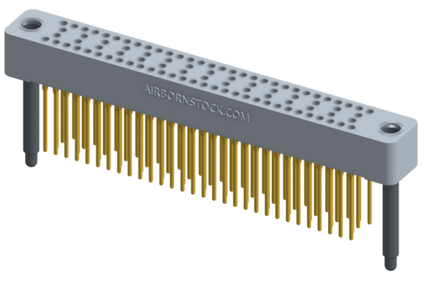 RC424-090-231-4200 - Stackable vertical press-fit board mount connector, 4 rows and 22.5 columns (90 total contacts), and guide hardware.
