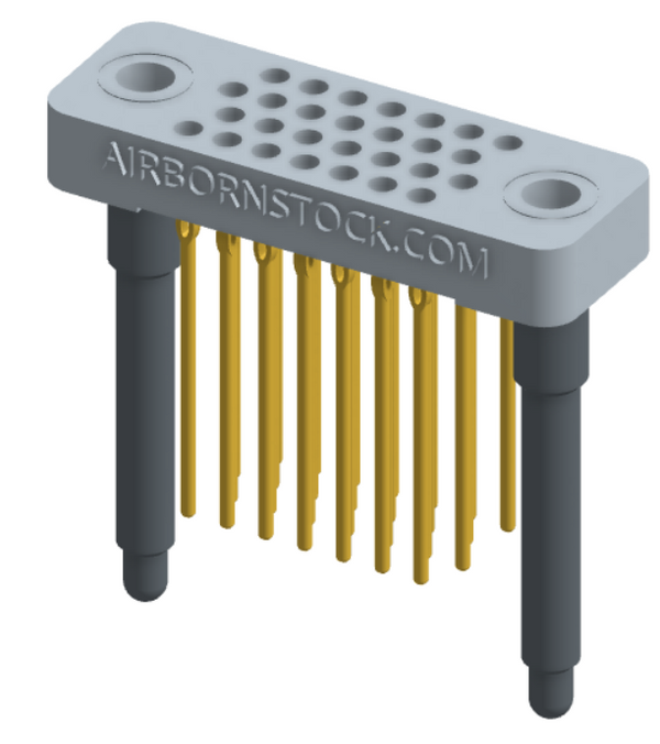 RC442-028-331-4200 - Low-profile, stackable vertical press-fit board-mount connector, with 4 rows and 7 columns (28 total contacts), and guide hardware.