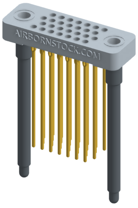 RC442-028-361-4500 - Low-profile, stackable vertical press-fit board-mount connector, with 4 rows and 7 columns (28 total contacts), and guide hardware.