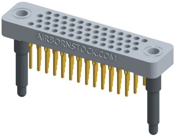 RC442-052-301-3900 - Low-profile, stackable vertical press-fit board-mount connector, with 4 rows and 13 columns (52 total contacts), and guide hardware.