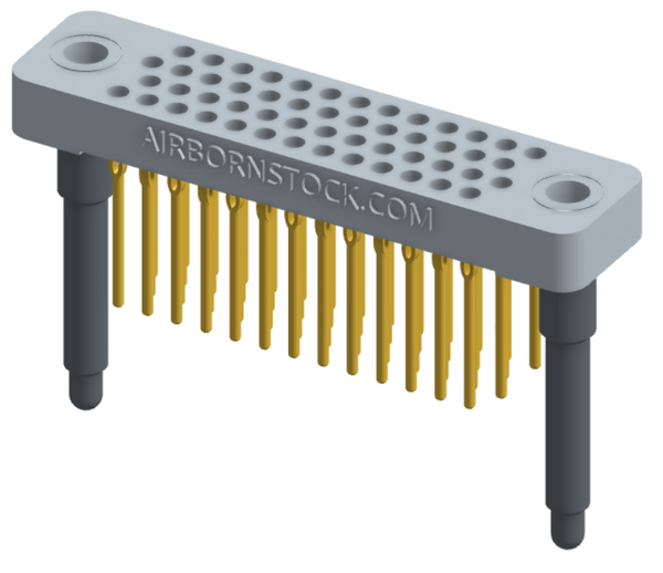 RC442-052-321-4100 - Low-profile, stackable vertical press-fit board-mount connector, with 4 rows and 13 columns (52 total contacts), and guide hardware.