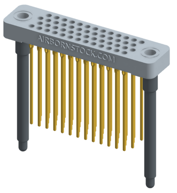 RC442-052-351-4400 - Low-profile, stackable vertical press-fit board-mount connector, with 4 rows and 13 columns (52 total contacts), and guide hardware.