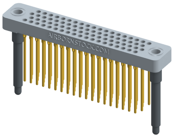 RC442-076-331-4200 - Low-profile, stackable vertical press-fit board-mount connector, with 4 rows and 19 columns (76 total contacts), and guide hardware.