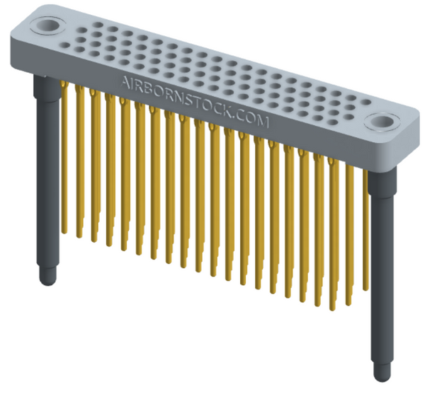 RC442-076-351-4400 - Low-profile, stackable vertical press-fit board-mount connector, with 4 rows and 19 columns (76 total contacts), and guide hardware.