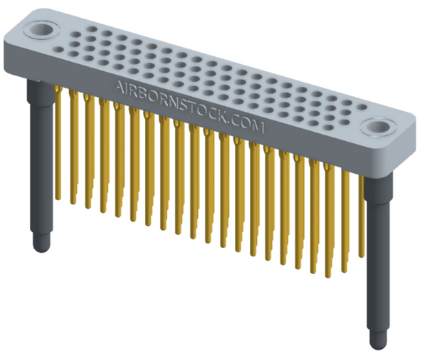 RC442-076-371-4600 - Low-profile, stackable vertical press-fit board-mount connector, with 4 rows and 19 columns (76 total contacts), and guide hardware.