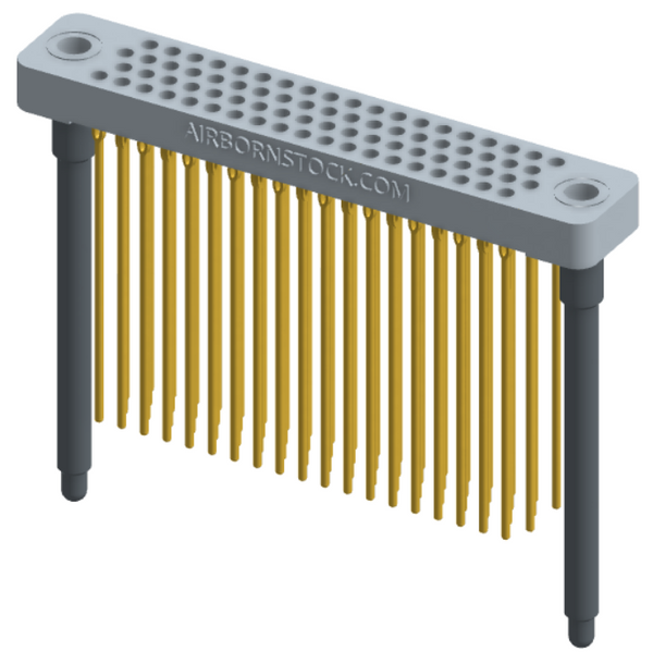 RC442-076-381-4700 - Low-profile, stackable vertical press-fit board-mount connector, with 4 rows and 19 columns (76 total contacts), and guide hardware.