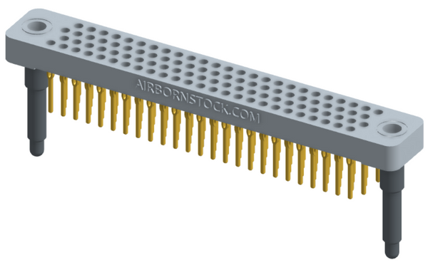 RC442-100-301-3900 - Low-profile, stackable vertical press-fit board-mount connector, with 4 rows and 25 columns (100 total contacts), and guide hardware.