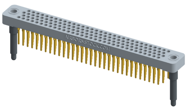 RC442-128-311-4000 - Low-profile, stackable vertical press-fit board-mount connector, with 4 rows and 32 columns (128 total contacts), and guide hardware.