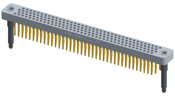 RC442-152-311-4000 - Low-profile, stackable vertical press-fit board-mount connector, with 4 rows and 38 columns (152 total contacts), and guide hardware.