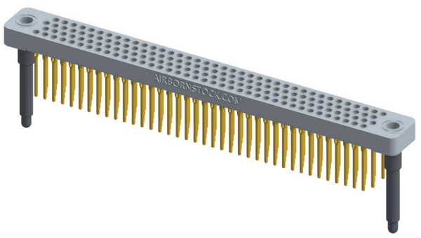 RC442-152-321-4100 - Low-profile, stackable vertical press-fit board-mount connector, with 4 rows and 38 columns (152 total contacts), and guide hardware.