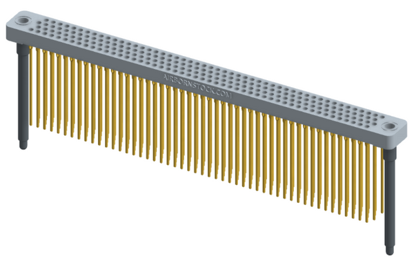 RC442-200-361-4500 - Low-profile, stackable vertical press-fit board-mount connector, with 4 rows and 50 columns (200 total contacts), and guide hardware.