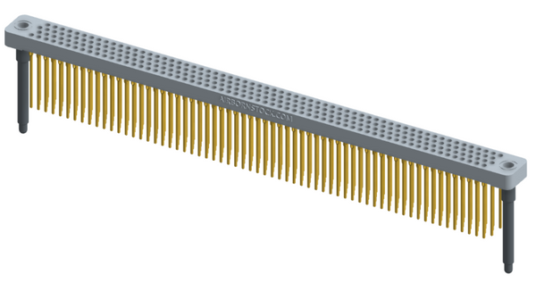 RC442-252-371-4600 - Low-profile, stackable vertical press-fit board-mount connector, with 4 rows and 63 columns (252 total contacts), and guide hardware.