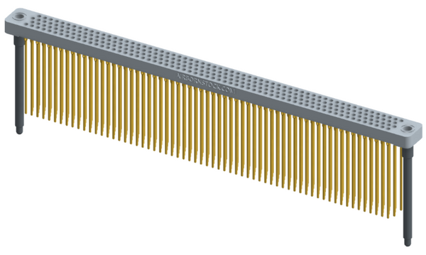 RC442-252-381-4700 - Low-profile, stackable vertical press-fit board-mount connector, with 4 rows and 63 columns (252 total contacts), and guide hardware.