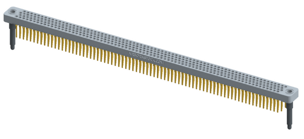 RC442-300-311-4000 - Low-profile, stackable vertical press-fit board-mount connector, with 4 rows and 75 columns (300 total contacts), and guide hardware.