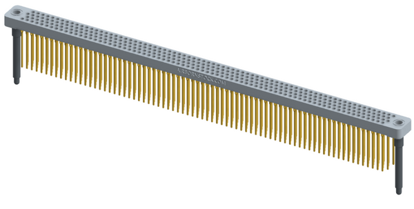 RC442-300-371-4600 - Low-profile, stackable vertical press-fit board-mount connector, with 4 rows and 75 columns (300 total contacts), and guide hardware.