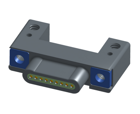 NK-1C2-009-128-TH00 - Nano-miniature D-shaped horizontal surface board mount (SMT) connector with mounting holes, 9 contacts, and threaded holes for attachment hardware.