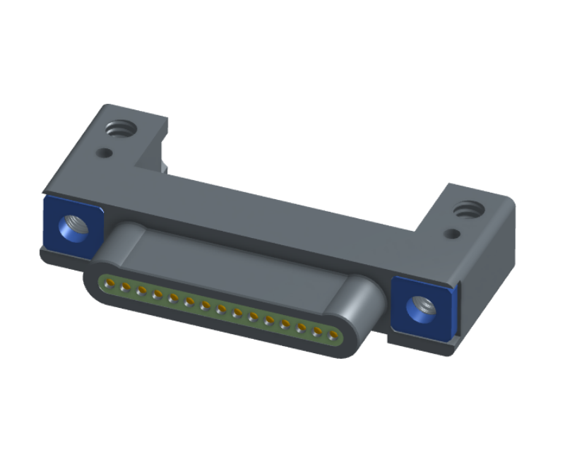 NK-1C2-015-128-TH00 - Nano-miniature D-shaped horizontal surface board mount (SMT) connector with mounting holes, 15 contacts, and threaded holes for attachment hardware.