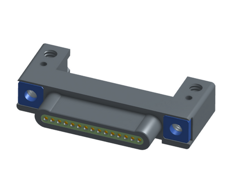 NK-1C2-015-125-TH00 - Nano-miniature D-shaped horizontal surface board mount (SMT) connector with mounting holes, 15 contacts, and threaded holes for attachment hardware.