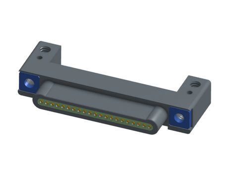 NK-1C2-021-125-TH00 - Nano-miniature D-shaped horizontal surface board mount (SMT) connector with mounting holes, 21 contacts, and threaded holes for attachment hardware.