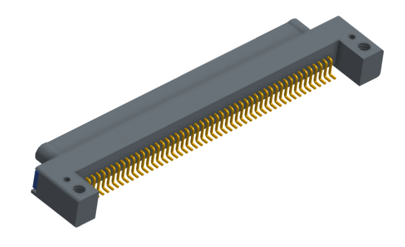 NK-1C2-051-128-TH00 - Nano-miniature D-shaped horizontal surface board mount (SMT) connector with mounting holes, 51 contacts, and threaded holes for attachment hardware.