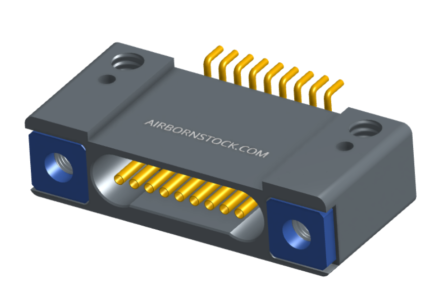 NK-1D2-009-228-TH00 - Nano-miniature D-shaped horizontal surface board mount (SMT) connector with mounting holes, 9 contacts, and threaded holes for attachment hardware.